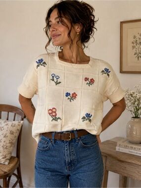 Vintage St. Michael Floral Cotton Knit Sweater – Size 14 / EU 42